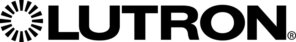 Logo of Lutron with bold black lettering and a sunburst design on the left side.